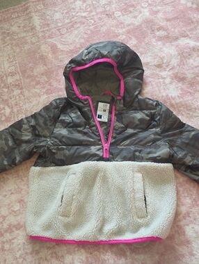 GAP Camo & Pink-Trim Hooded Puffer with Cream Sherpa Panel